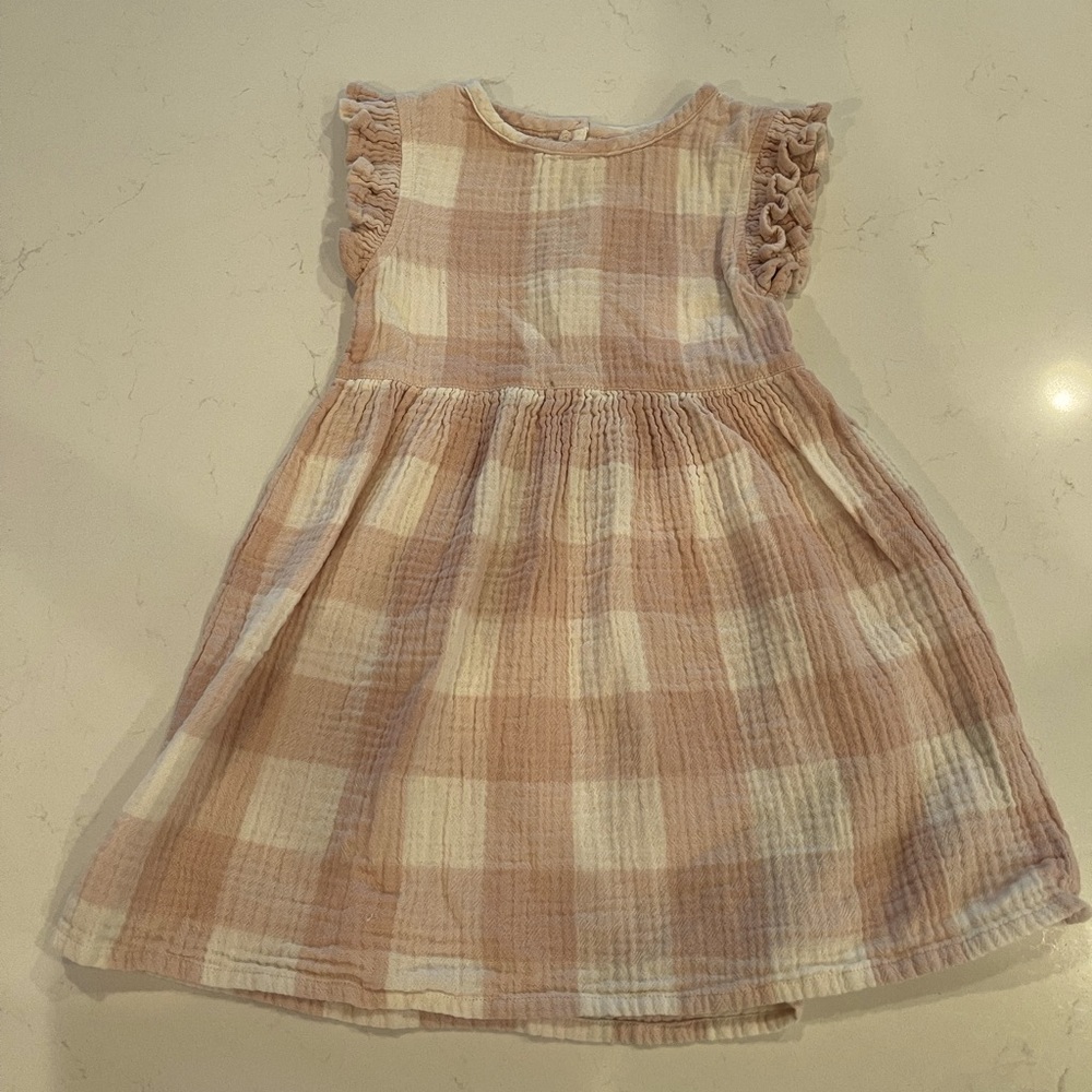 5 Year City Mouse pink cream and white checkered dress with ruffled short sleeve